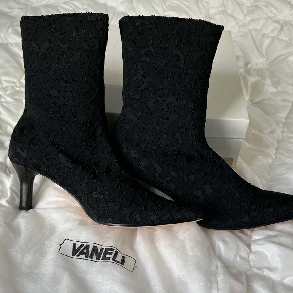 Vaneli Black Embroidered Sock Heel Boots